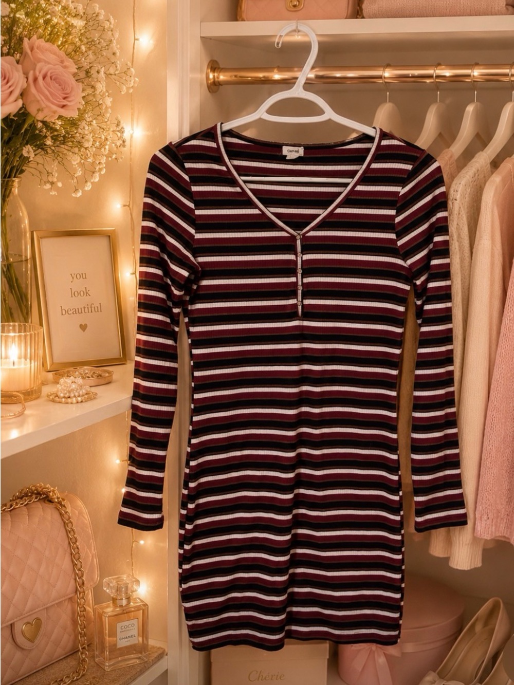 Striped V-Neck Ribbed Long Sleeve Dress - Burgundy, Black & White